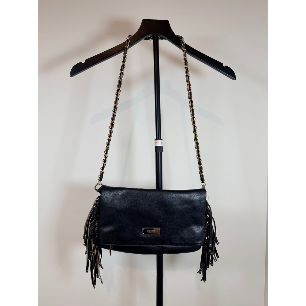 BCBG Paris Black Fringed Crossbody Bag Gold Chain Strap Pebbled Faux Leather